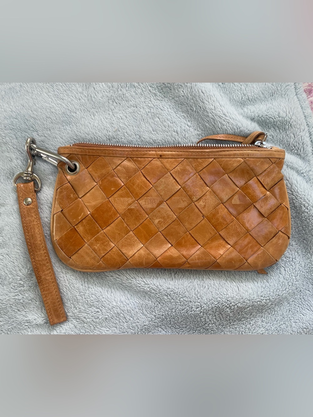 Latico Woven Leather Wristlet Clutch in Cognac Brown